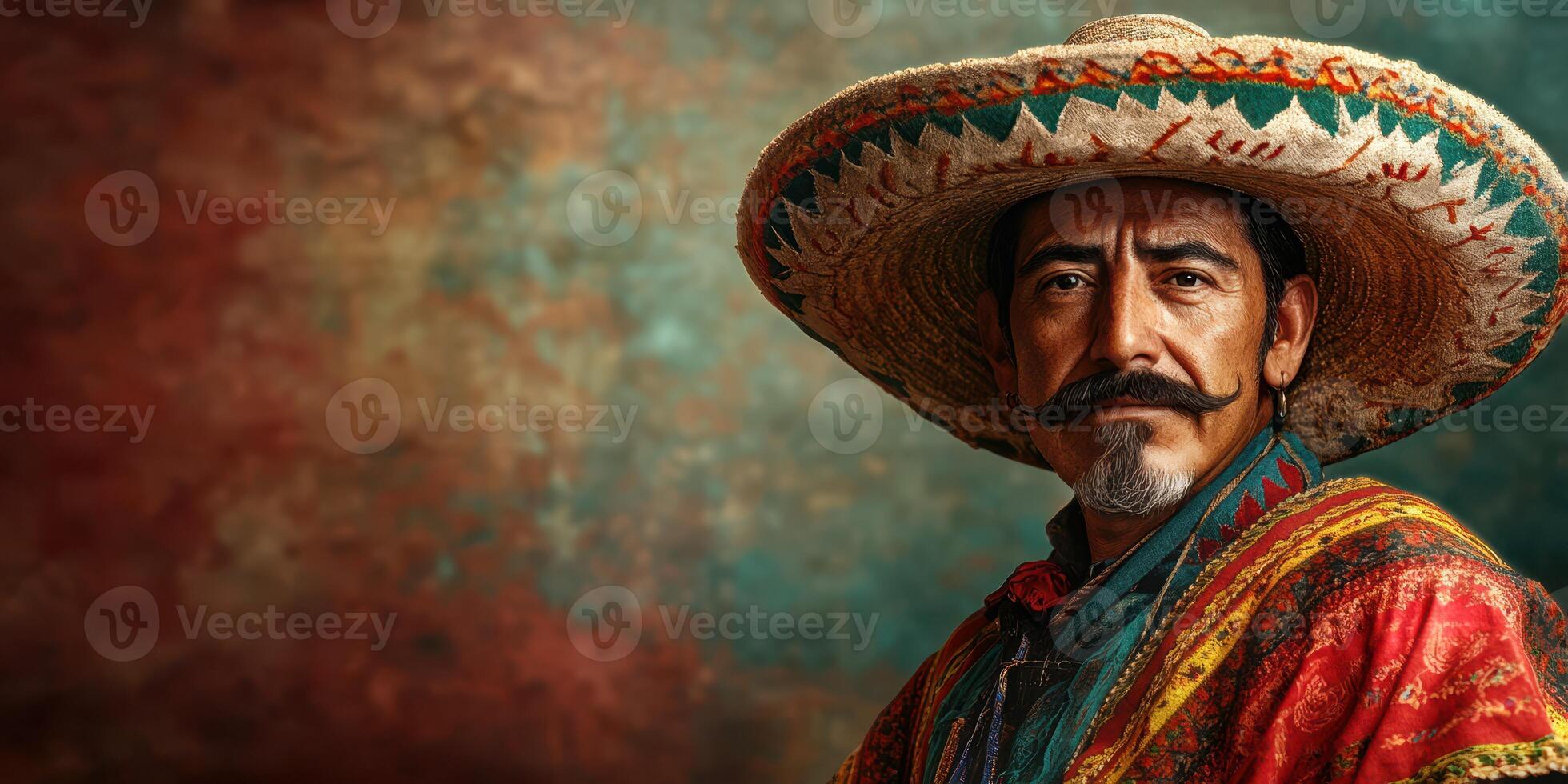 Man in traditional attire with a large sombrero, showcasing cultural heritage in a colorful backdrop photo
