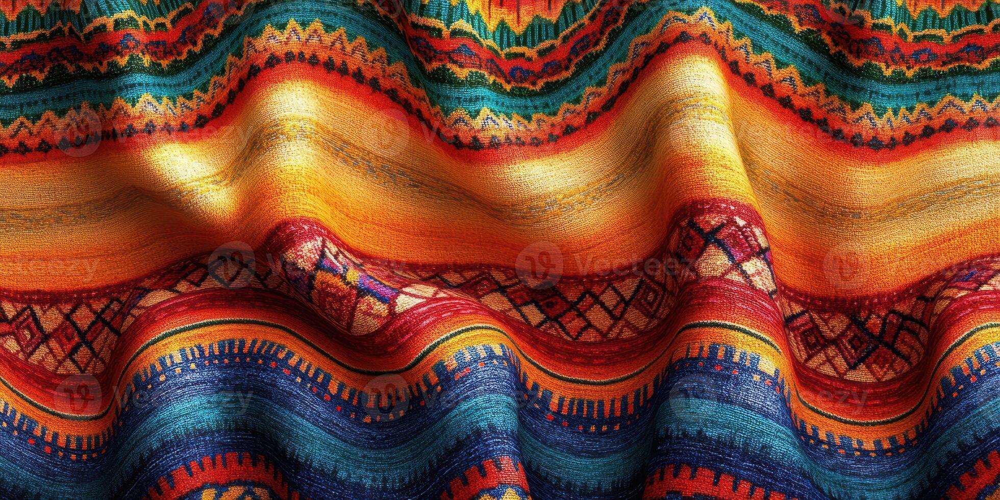 Colorful textile fabric with intricate patterns and rich hues displayed in various wavy lines photo