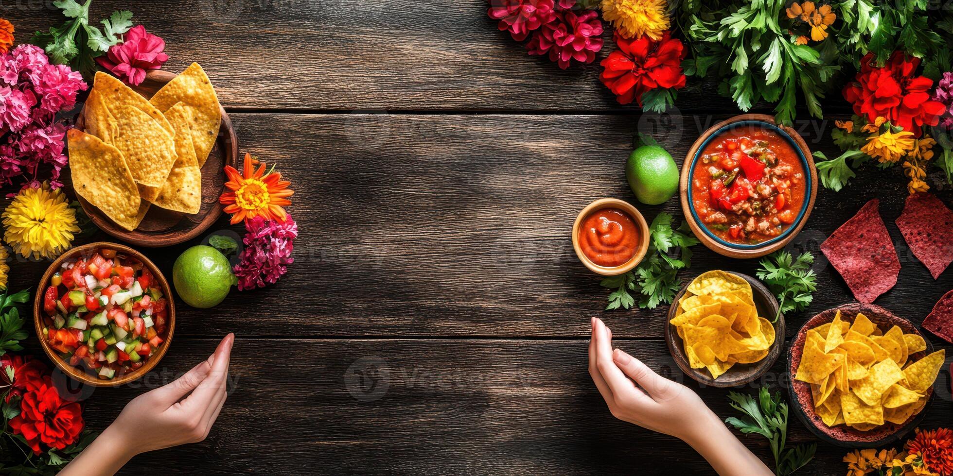 Colorful taco night celebration with fresh ingredients and vibrant flowers on a wooden table photo