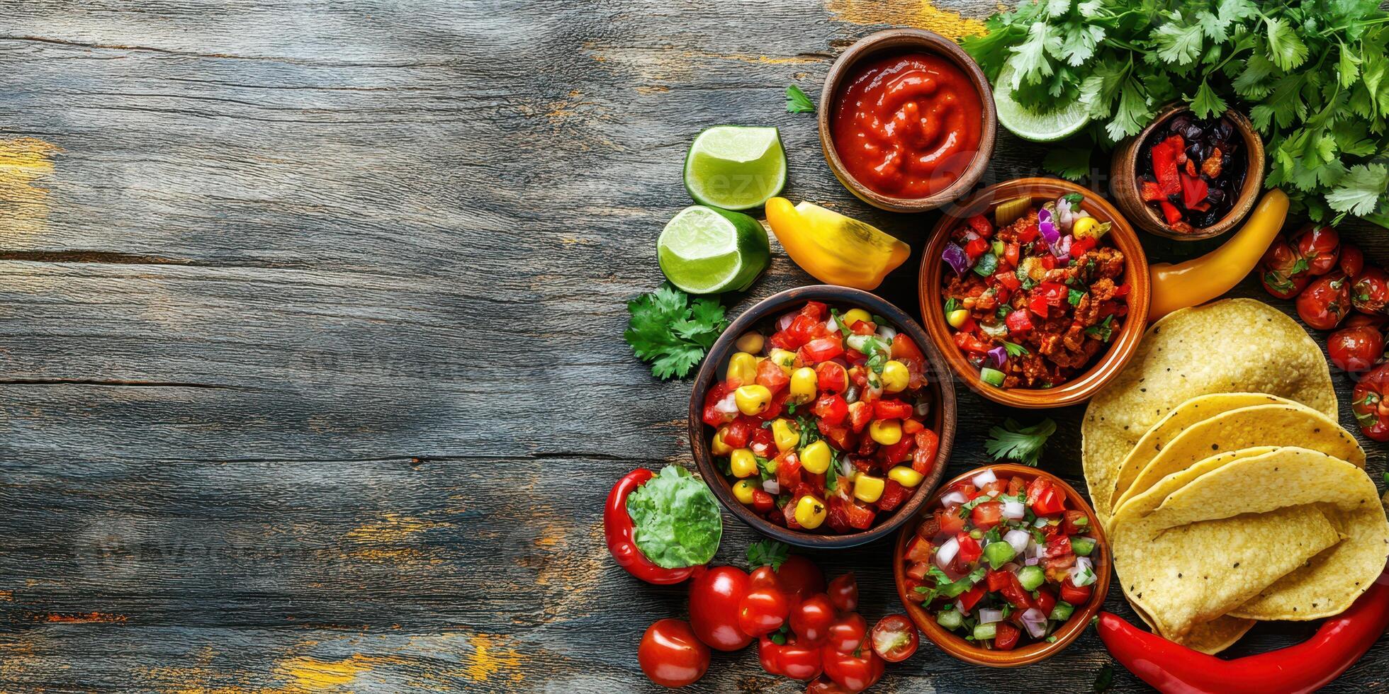 Colorful assortment of fresh ingredients and dips for making tacos spread on rustic wooden table photo