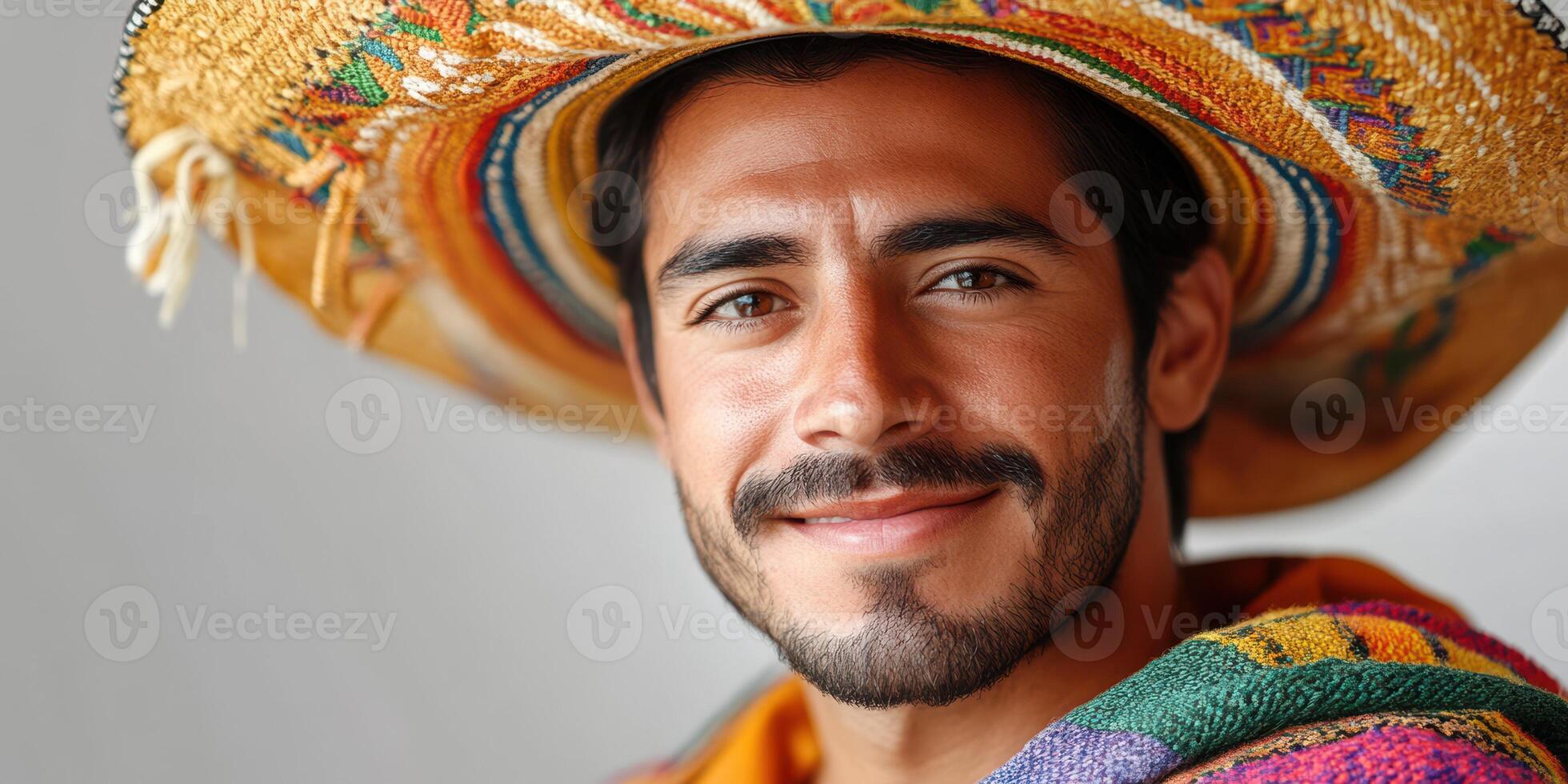 Smiling man wearing traditional hat and colorful attire in a warm setting photo