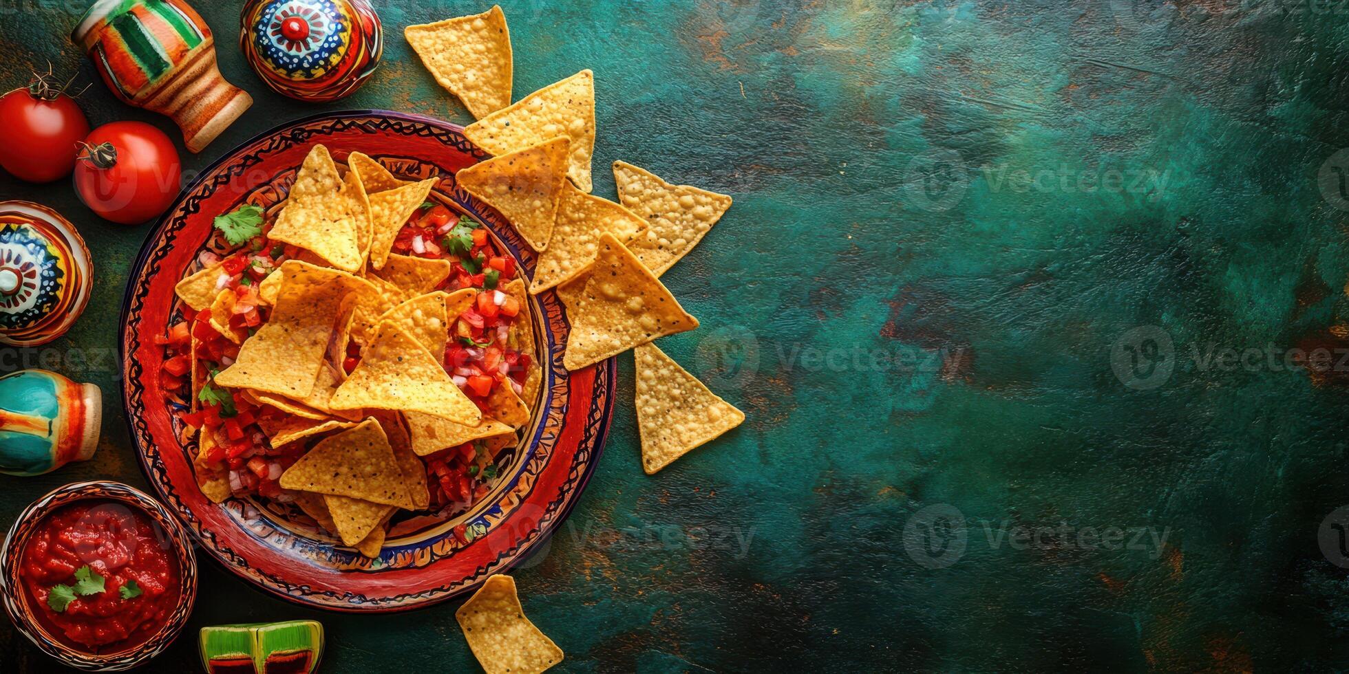 Colorful nachos with salsa and toppings arranged on a decorative plate with fresh tomatoes and bowls in a vibrant setting photo