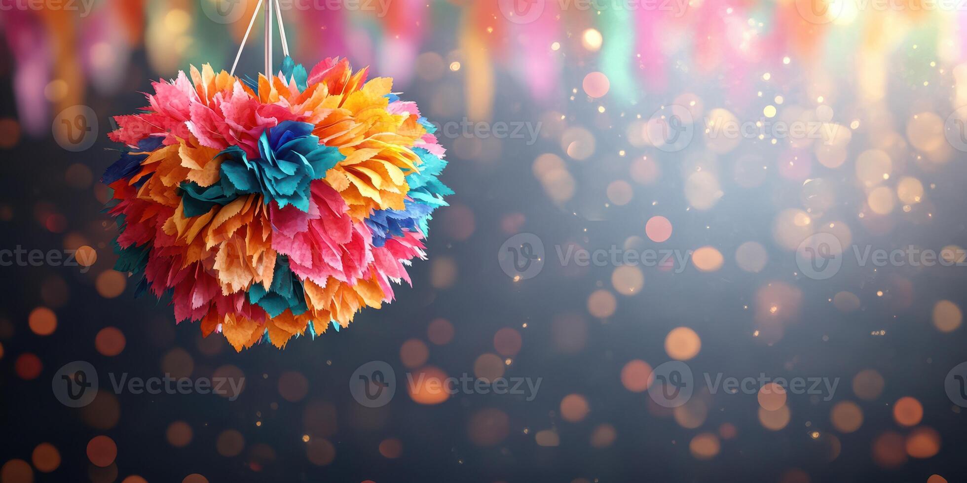 Colorful paper pom pom decoration hanging at a festive celebration with shimmering background photo