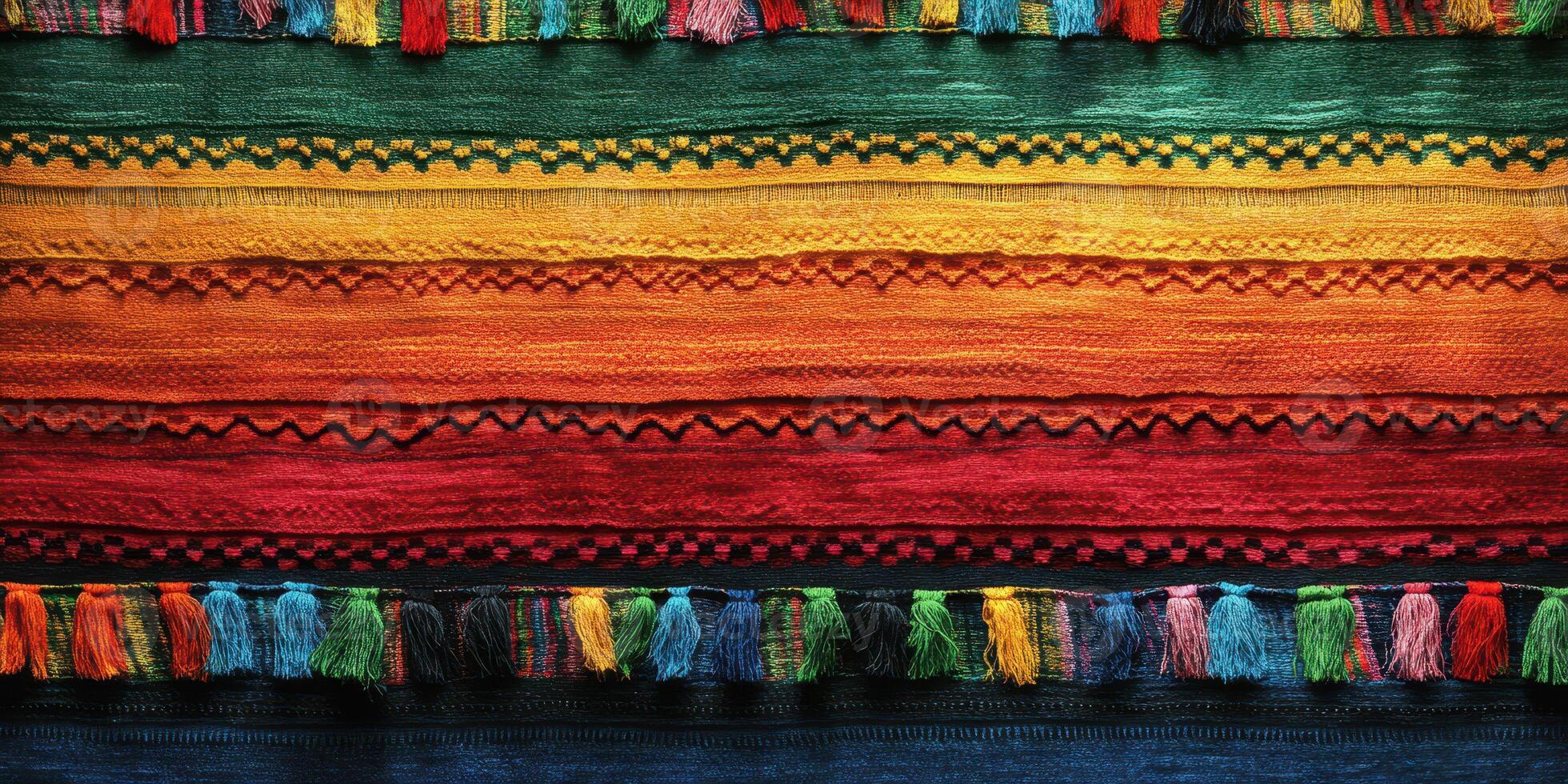 Colorful woven textile with vibrant patterns displayed prominently in a market setting photo