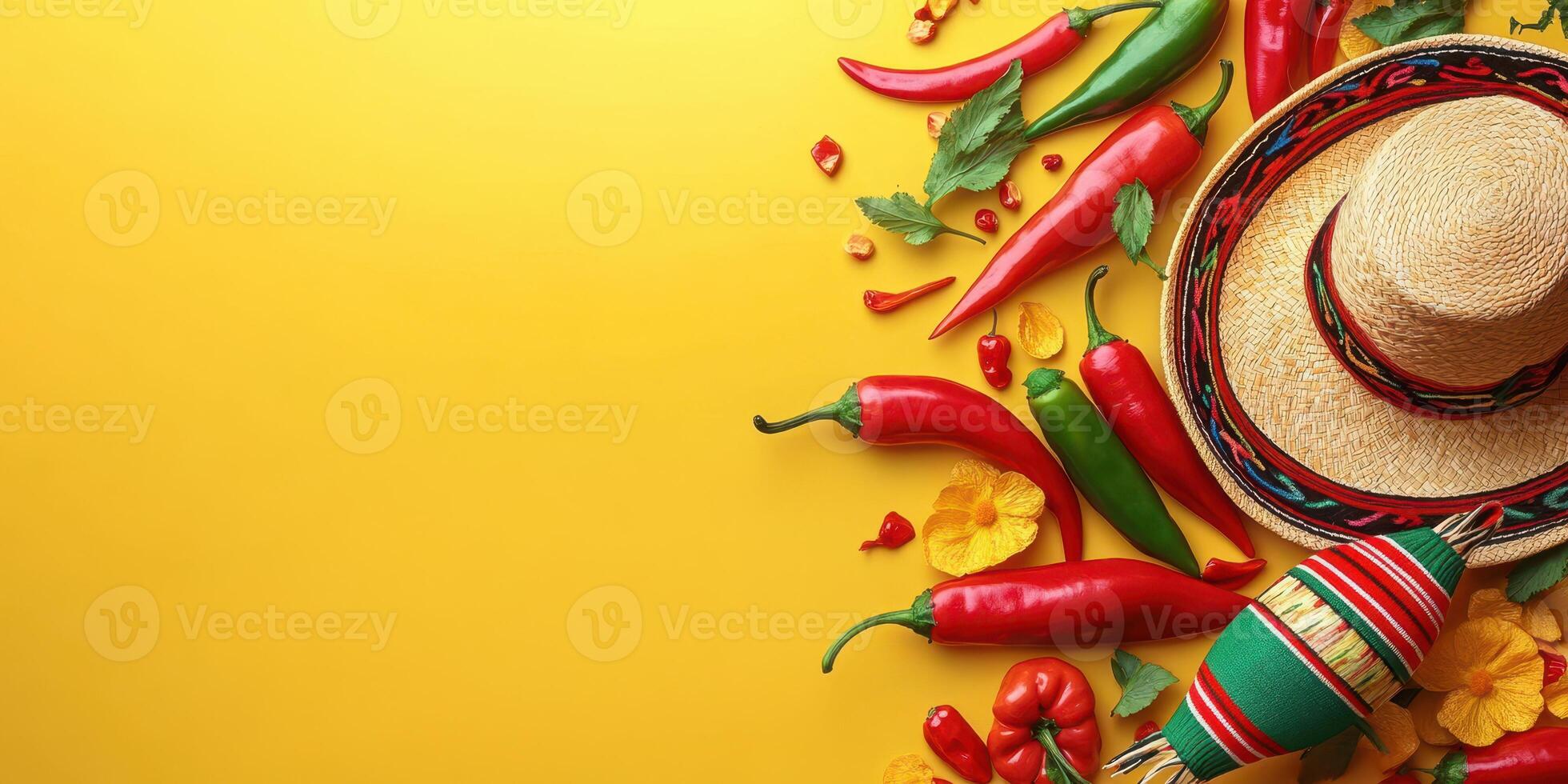 Colorful arrangement of chilies, a sombrero, and vibrant flowers on a yellow backdrop for a festive celebration photo
