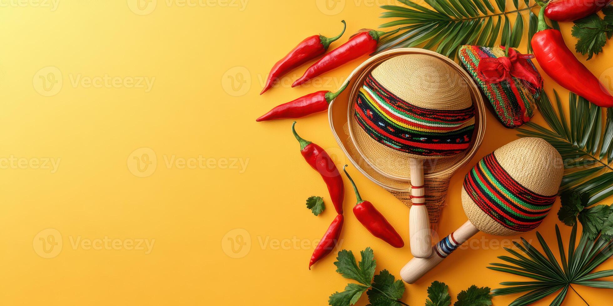 Colorful maracas and red chilies arranged with tropical greenery for a vibrant fiesta celebration photo