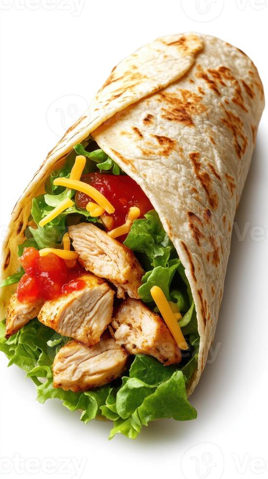 Delicious wrap filled with grilled chicken, fresh lettuce, and toppings on a tortilla photo