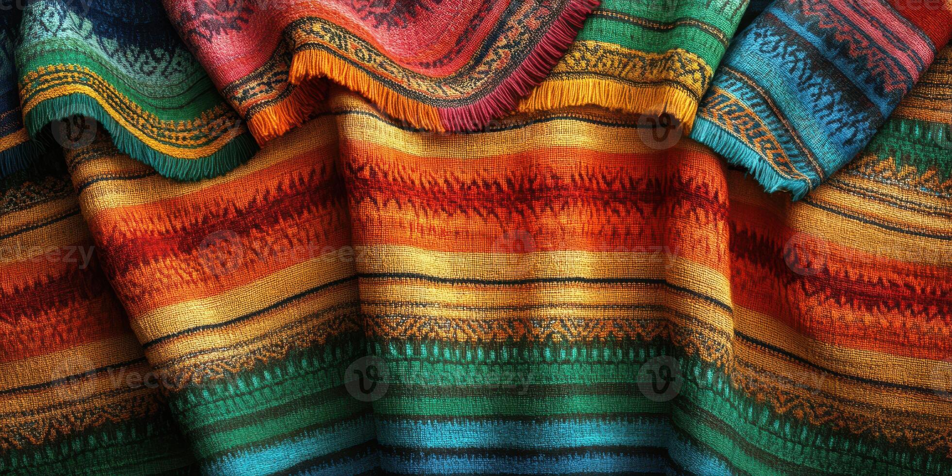 Vibrant woven textiles showcasing traditional patterns in warm colors photo