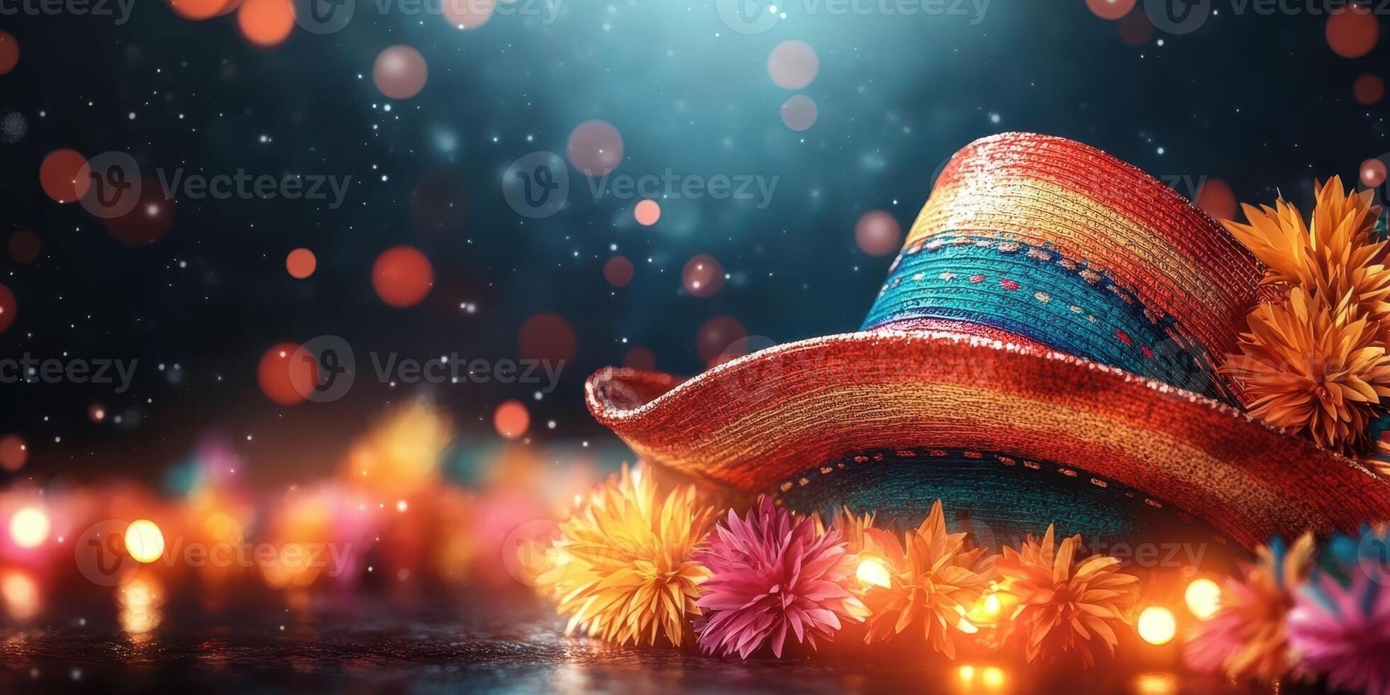 Colorful festive hat adorned with flowers set against a sparkling background during a celebration photo