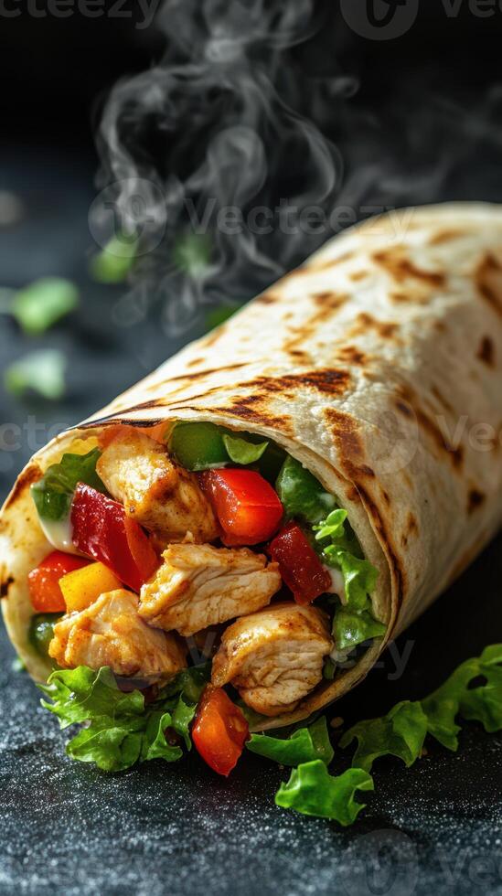 Delicious grilled chicken wrap with fresh vegetables served on a dark background photo