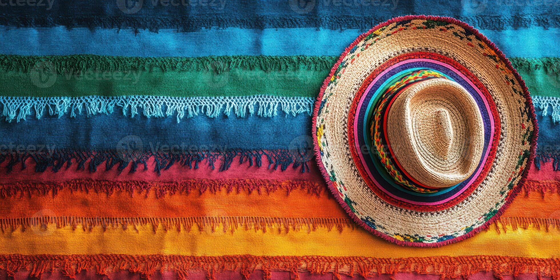 Brightly colored woven blanket with a traditional straw hat on display in a vibrant setting photo