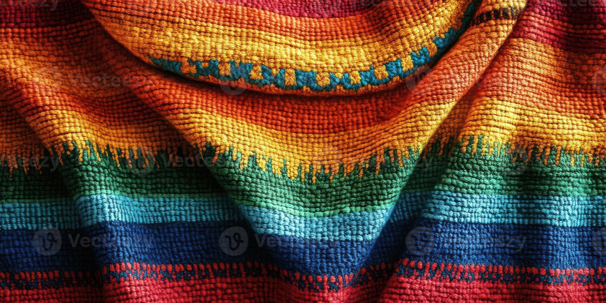 Vibrant textile displaying rich patterns and bold colors with intricate weave techniques showcasing traditional craftsmanship photo