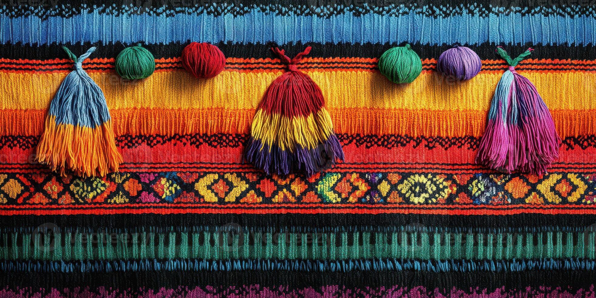 Brightly colored woven fabric displaying vibrant patterns and decorative tassels created in a textile workshop photo