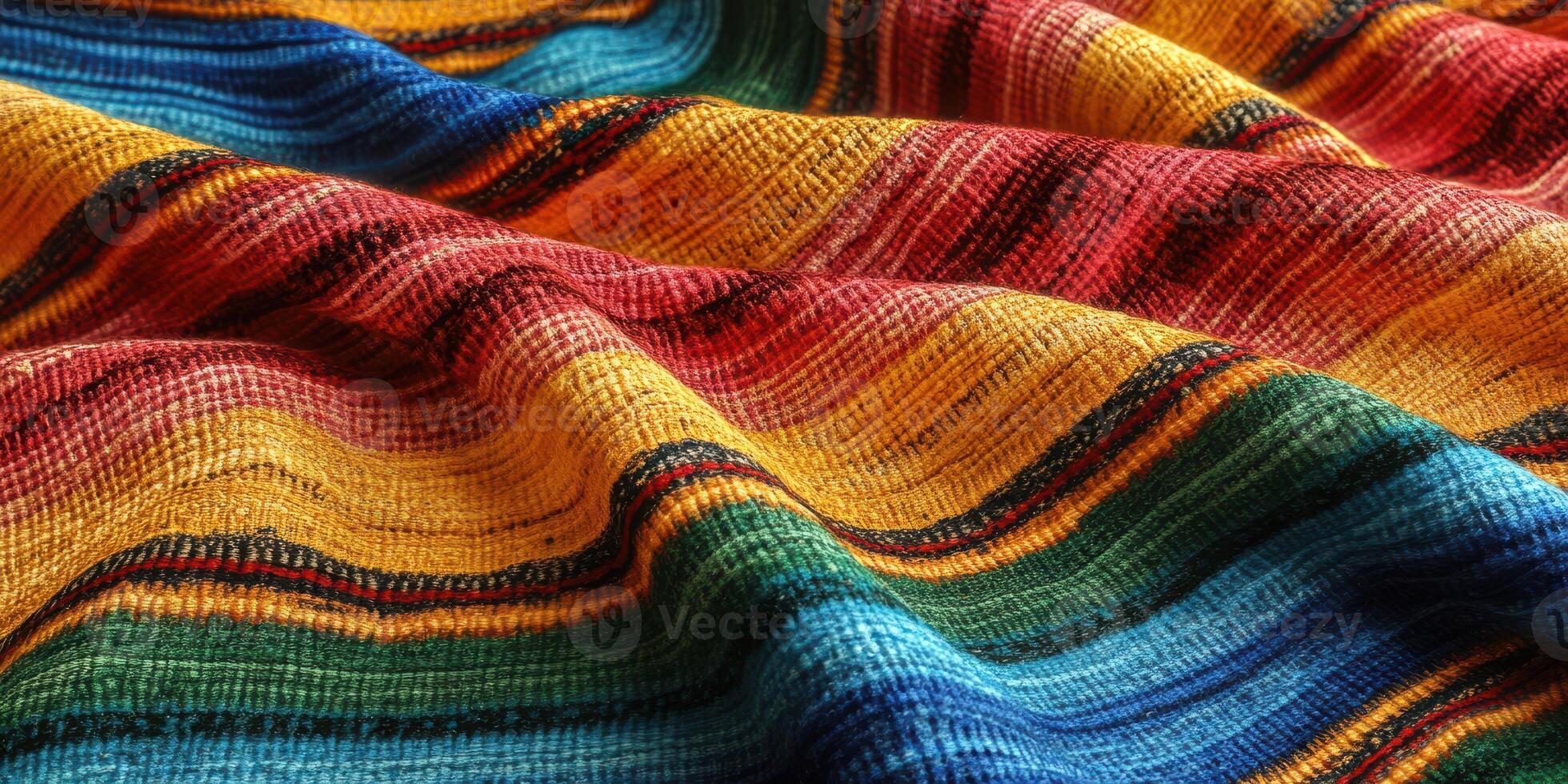 Colorful woven fabric showcasing vibrant stripes in red, yellow, blue, and green with intricate textures photo