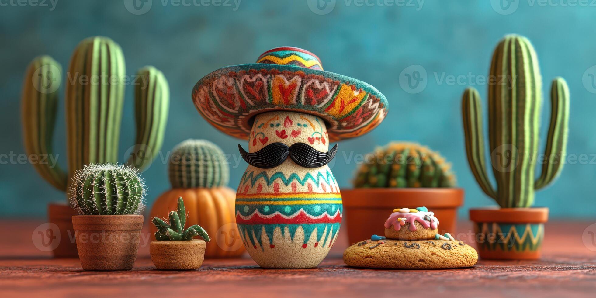 Colorful decorative figurine with sombrero surrounded by cacti and a cookie in a vibrant tabletop display photo