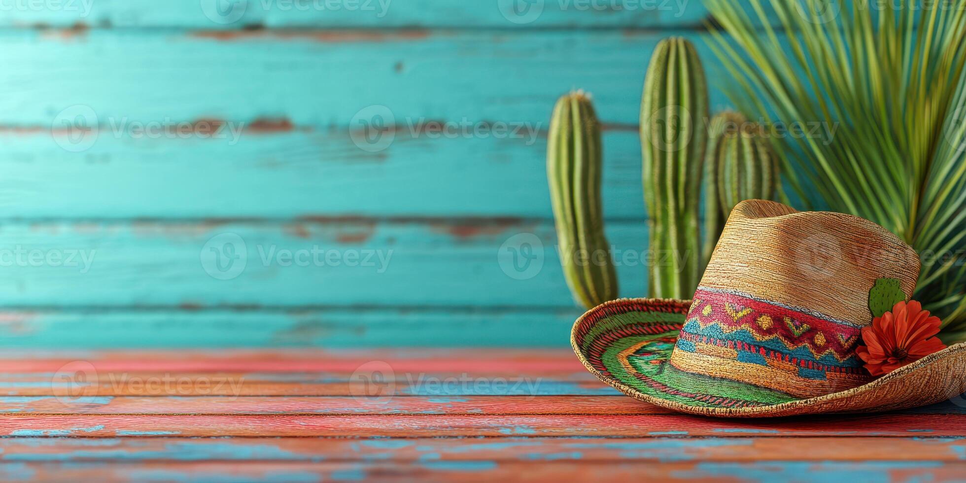 Brightly colored sombrero on a rustic wooden table surrounded by cacti in a vibrant turquoise setting enhances festive atmosphere photo