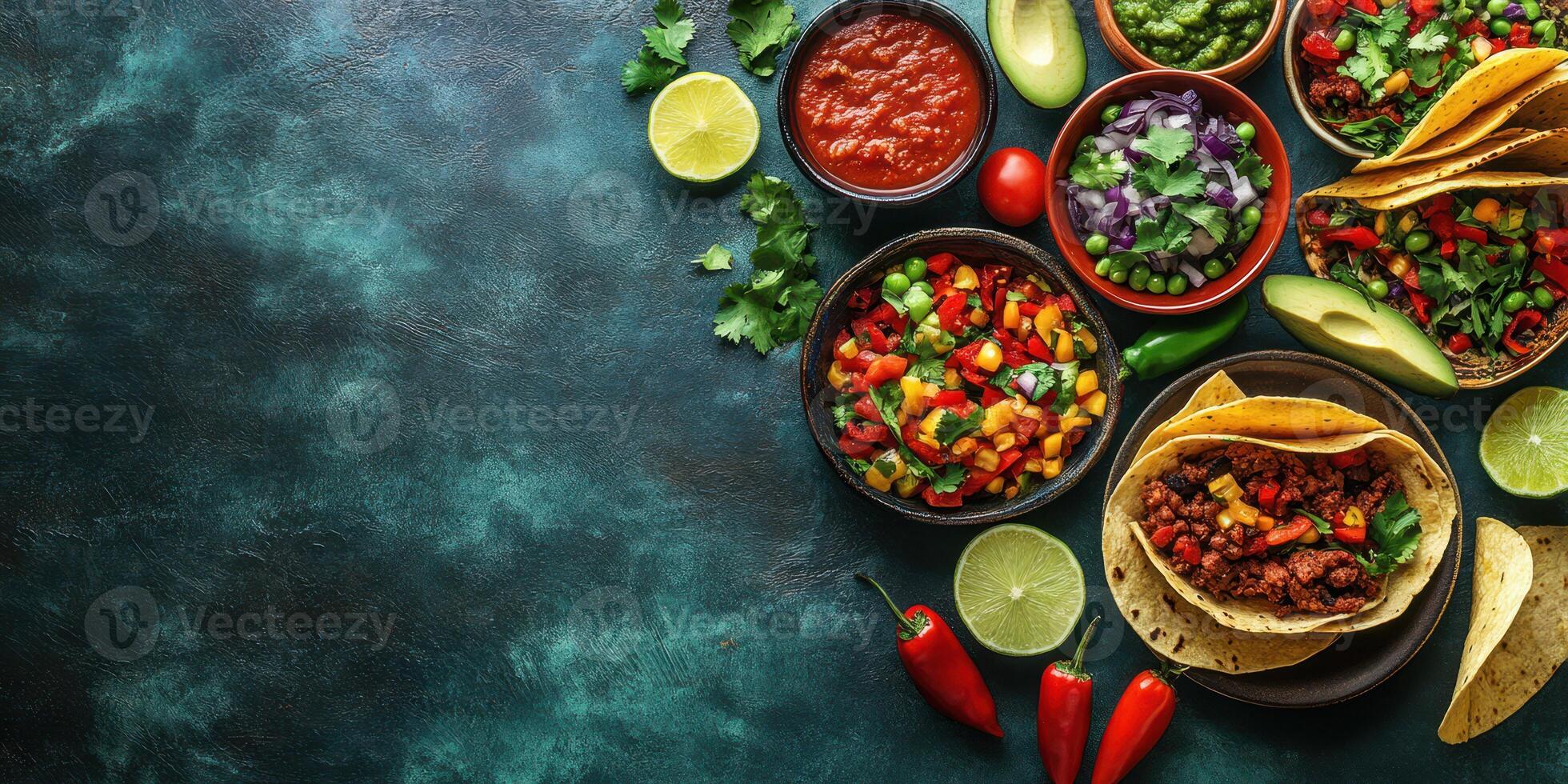 Flavorful spread of tacos and fresh salsas arranged on a vibrant table ready for a festive gathering photo