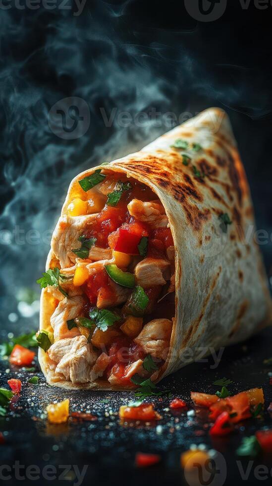 Exquisite tortilla wrap filled with grilled chicken and fresh vegetables on a dark background photo