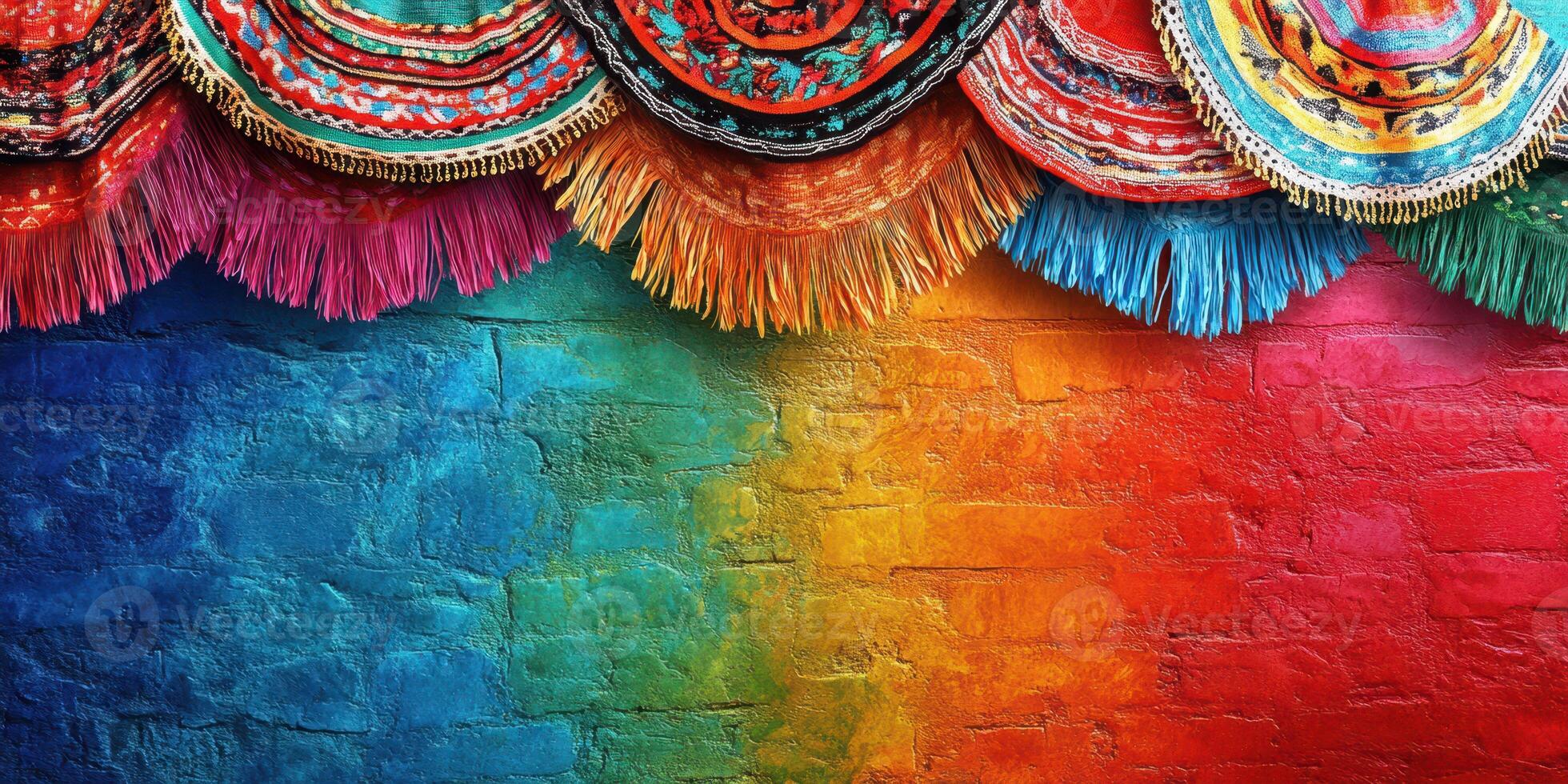 Colorful wall tapestry showcasing vibrant textiles and a bright rainbow background in a lively setting photo