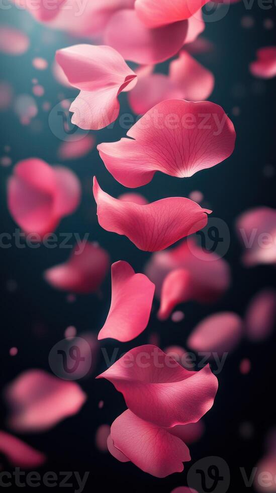 Delicate pink rose petals gracefully falling in a serene setting with soft light photo