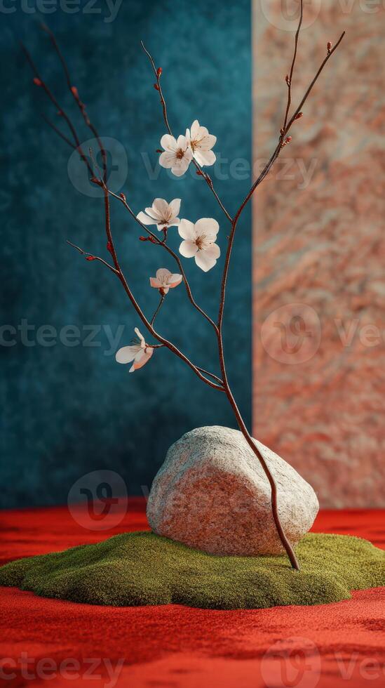 Delicate cherry blossom branch with white flowers placed on a textured surface with greenery and stone accents photo