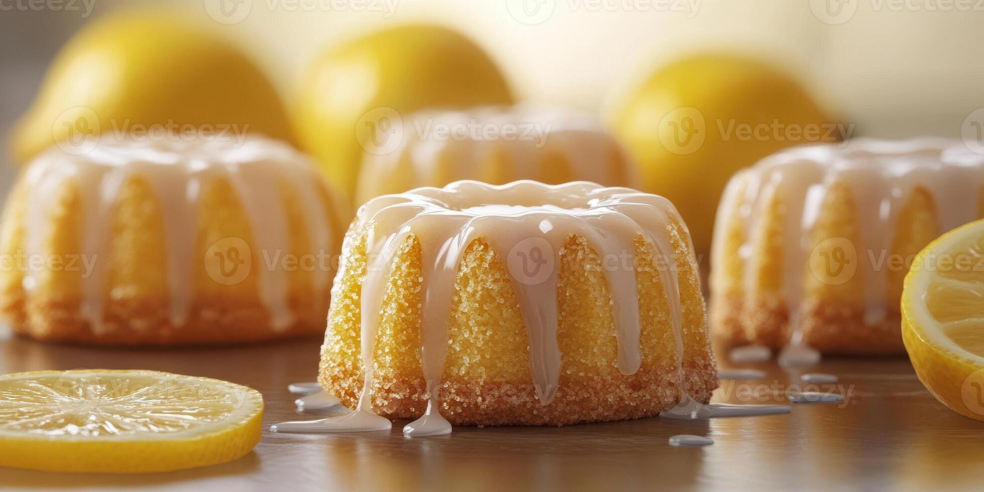 Lemon mini cakes with glaze and fresh lemons displayed on a wooden table in a bright setting photo