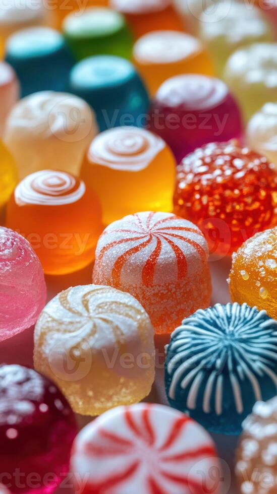 Colorful assortment of candy displayed close-up in vibrant hues and patterns during a playful treat time photo