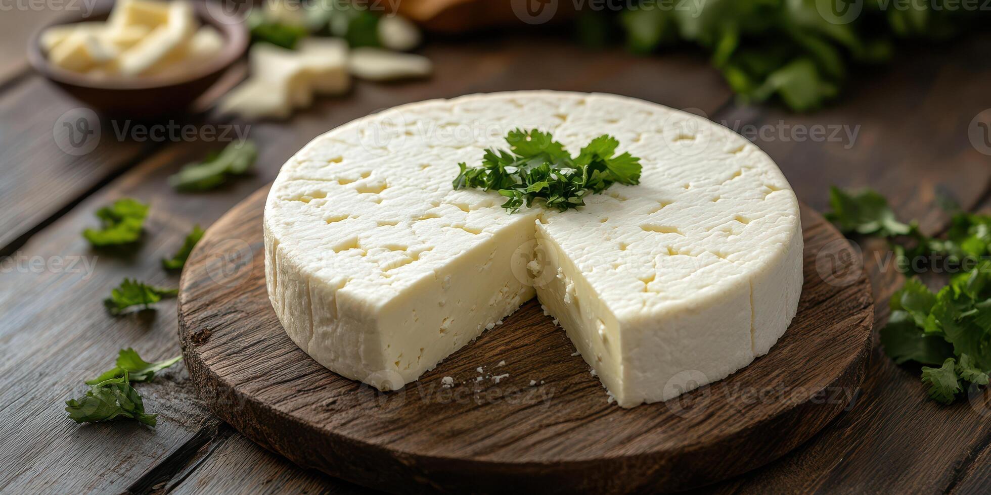 Creamy cheese wheel with a cutout and fresh cilantro garnish on rustic wooden board photo