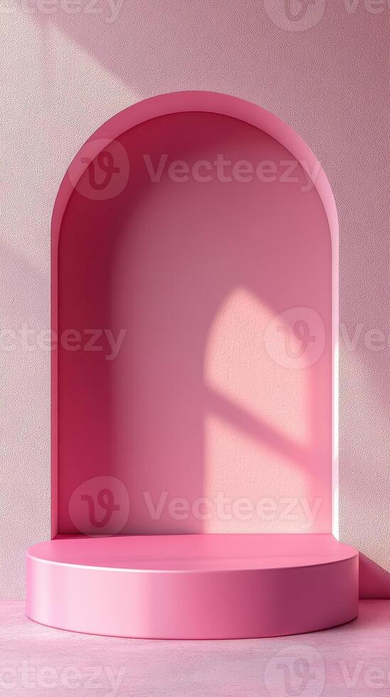 Minimalist pink backdrop with arch and platform ideal for photography and display setups photo