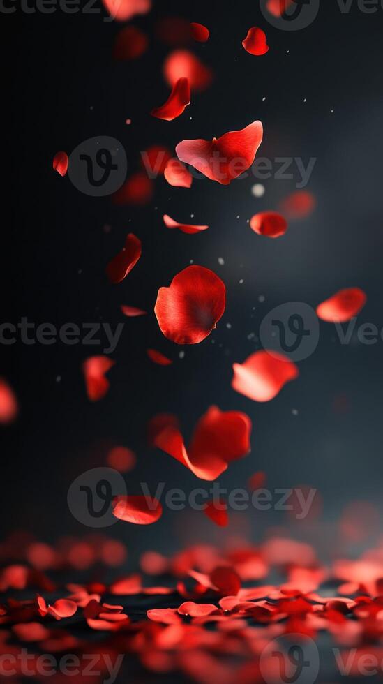 Red rose petals gently falling in a soft light creating a romantic atmosphere during a quiet evening photo