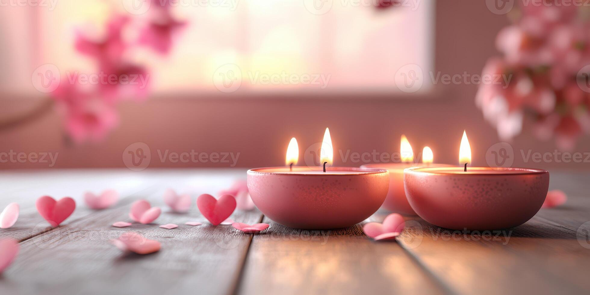 Beautiful pink candles flickering softly among heart-shaped petals in a cozy indoor setting photo