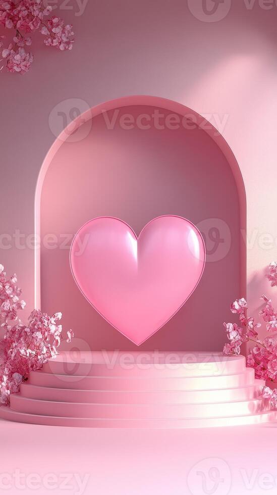 Heart-shaped sculpture in a pastel pink setting with cherry blossoms during a serene daytime atmosphere photo