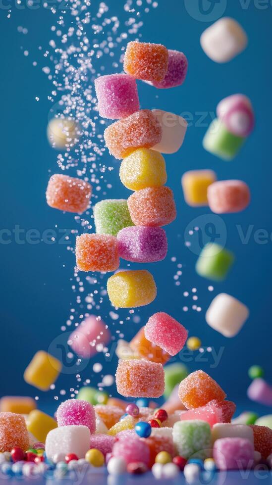 Vibrant candy assortment cascading through the air creates a playful and colorful display against a blue background photo