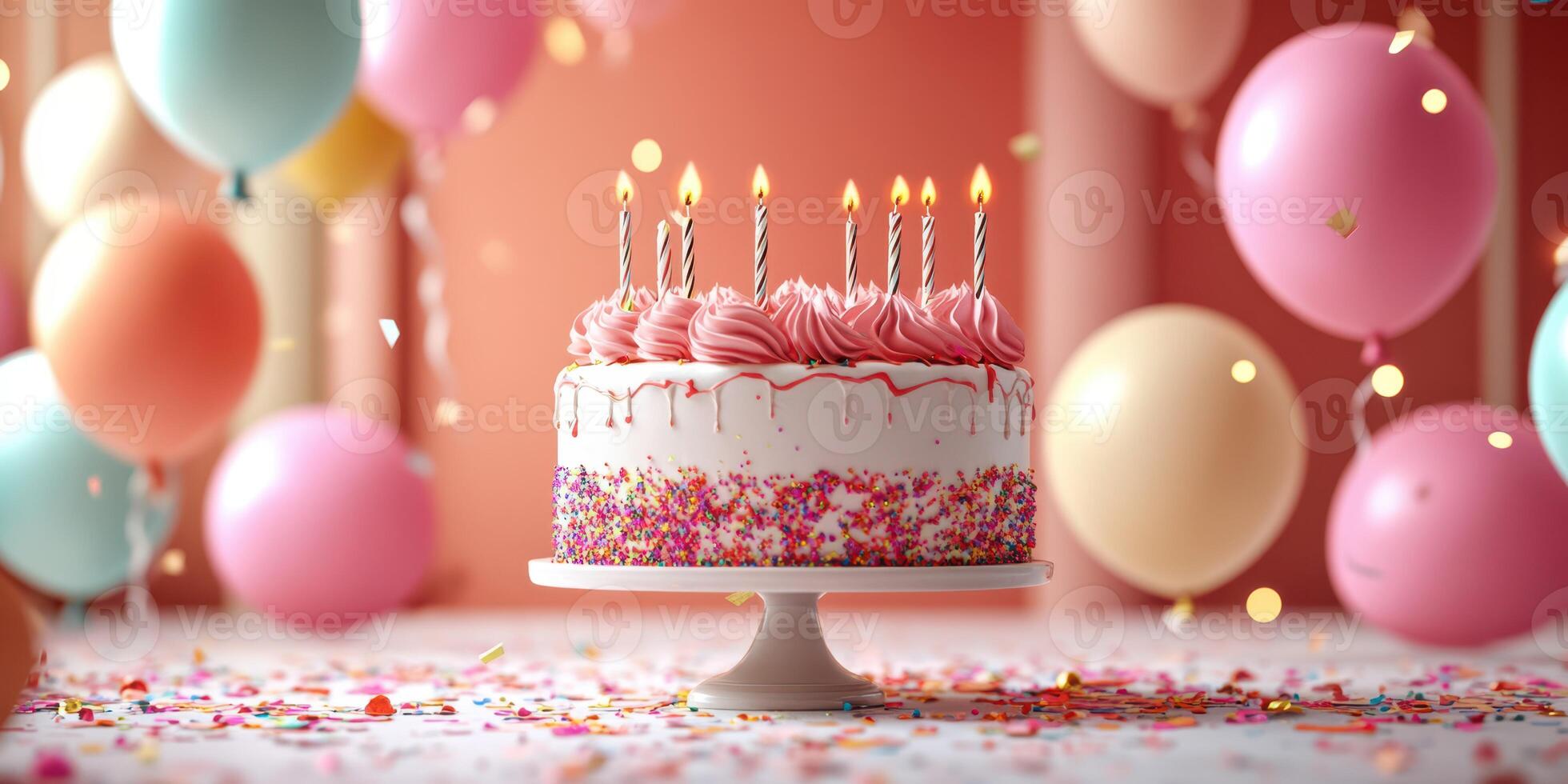 Celebrate with a festive cake and colorful balloons at a joyful birthday party photo