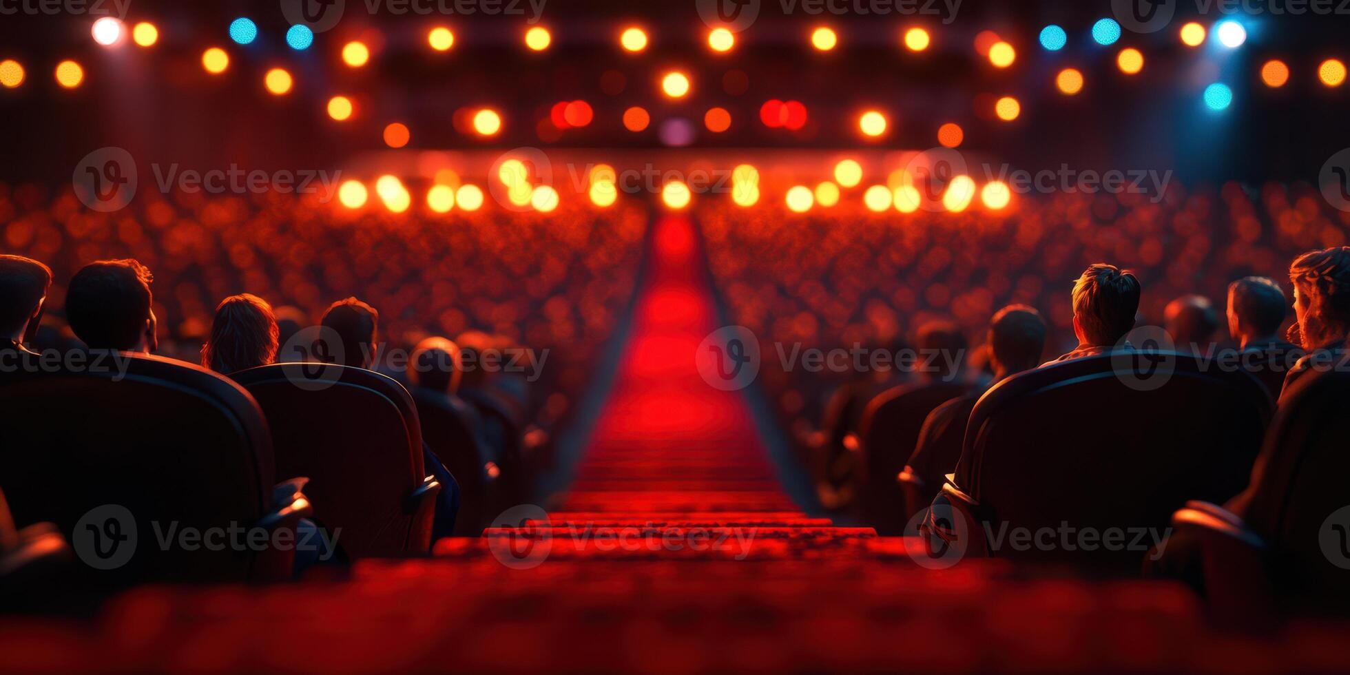 People seated in a vibrant theater watching a captivating performance during an evening show photo