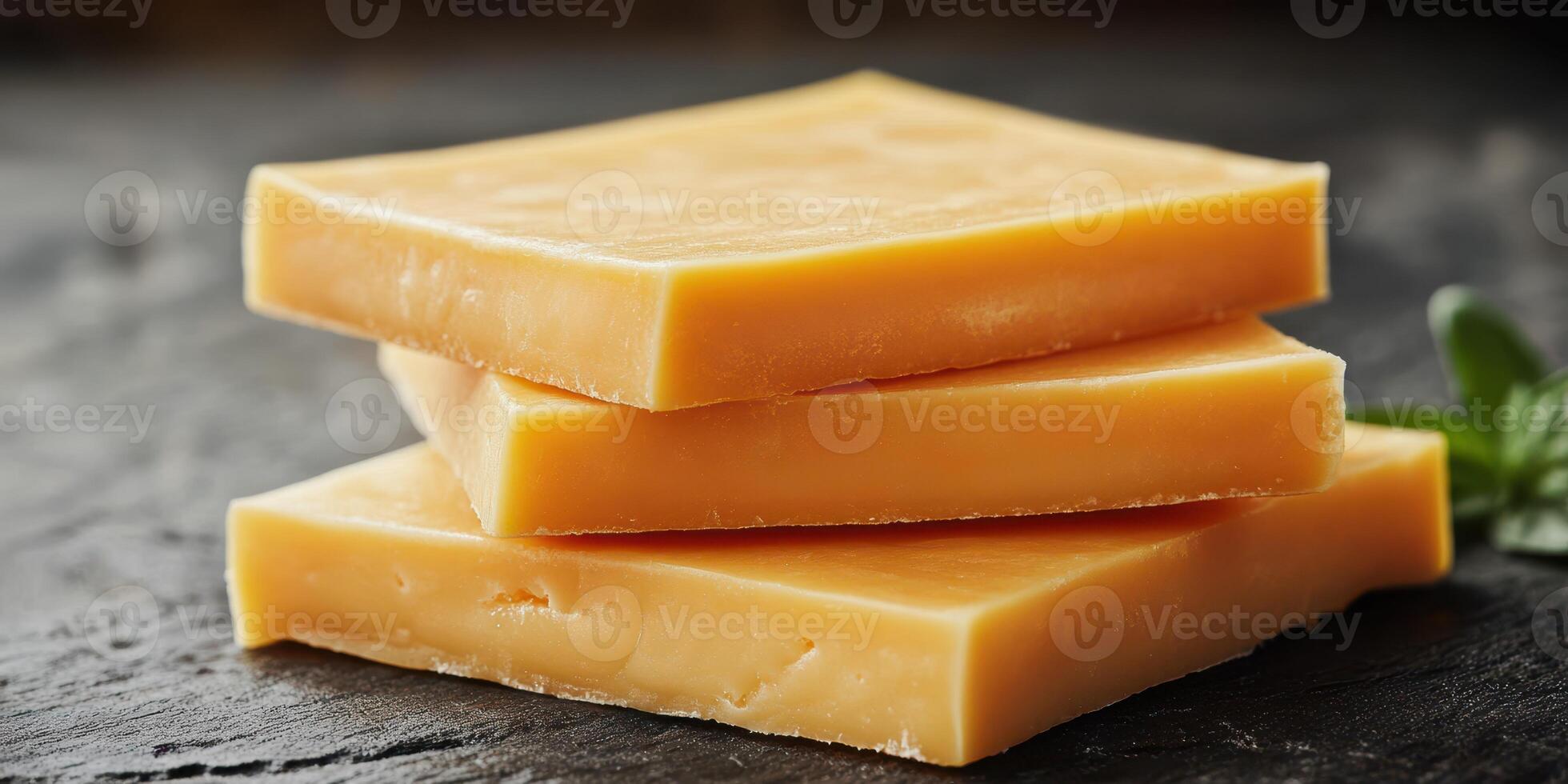 Freshly sliced cheddar cheese stacked on a dark stone surface with a hint of green herb photo