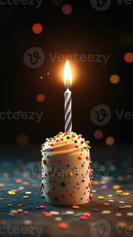 Celebration cake with bright candle glowing amidst colorful confetti in a festive atmosphere photo