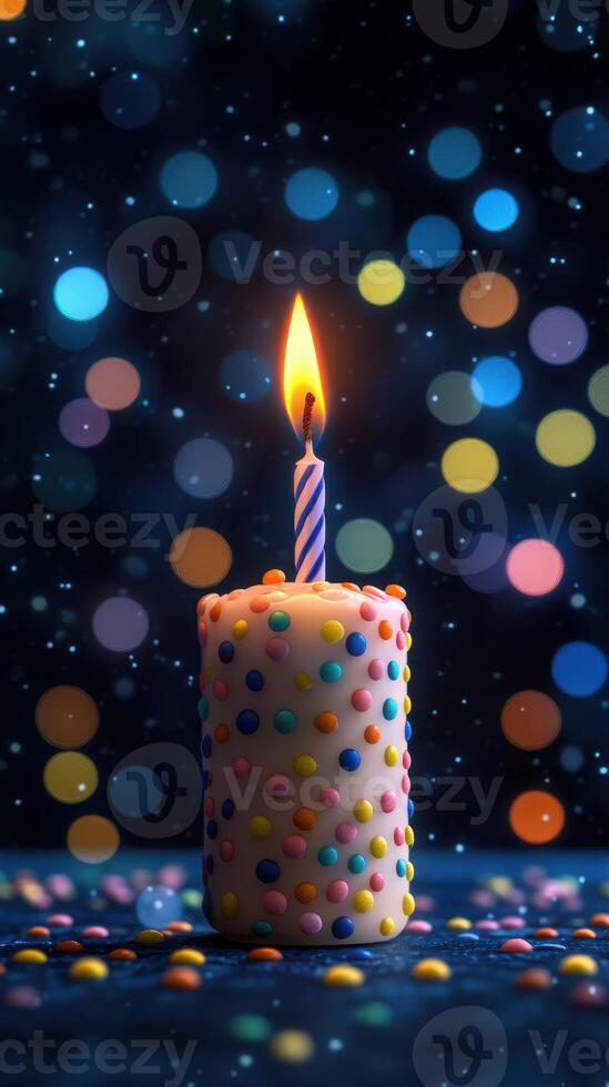 Brightly lit birthday candle with colorful sprinkles against a festive bokeh background photo