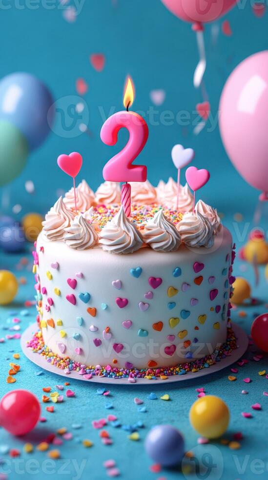 Colorful birthday cake decorated with hearts and a number two candle for a joyful celebration photo