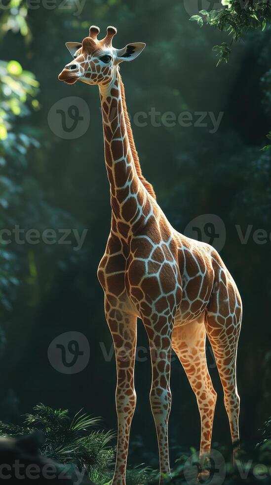 Giraffe stands majestically under dappled sunlight in lush greenery during golden hour at a wildlife sanctuary photo