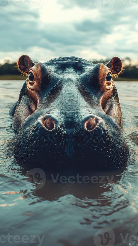 Hippo emerges in serene waters at dusk, showcasing its formidable presence in a natural habitat photo