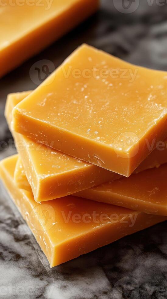 Natural honey soap bars stacked on a marble surface in a soft light setting photo