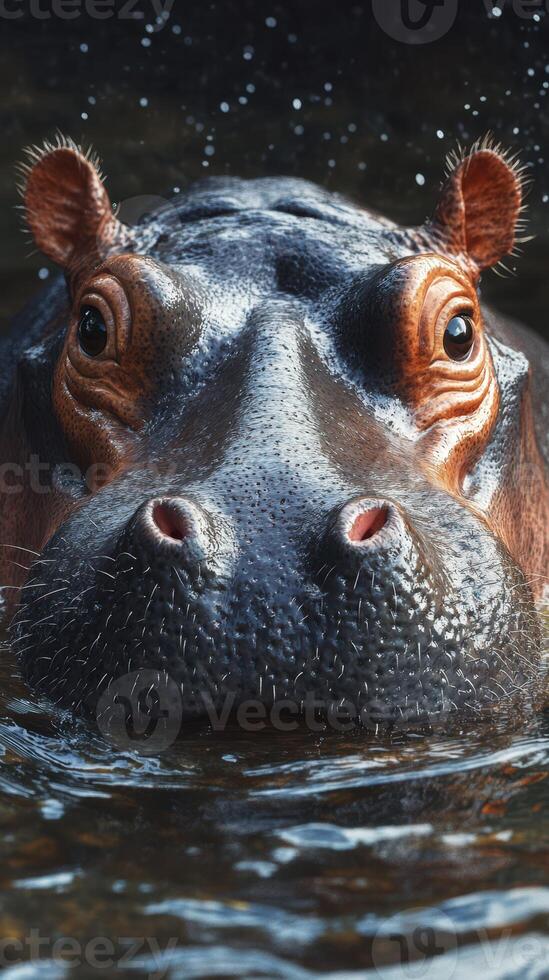 Hippo emerging from water in a serene environment during daylight with clear features and perspective photo