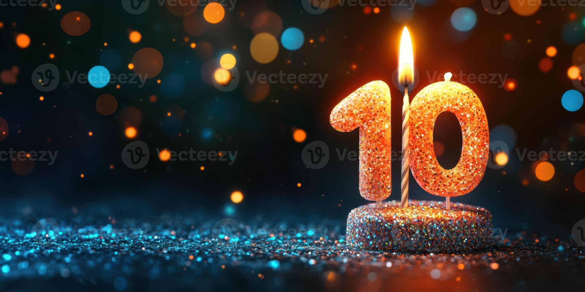 Celebration of a special milestone with a sparkly ten candle illuminating a dark backdrop filled with bokeh lights photo