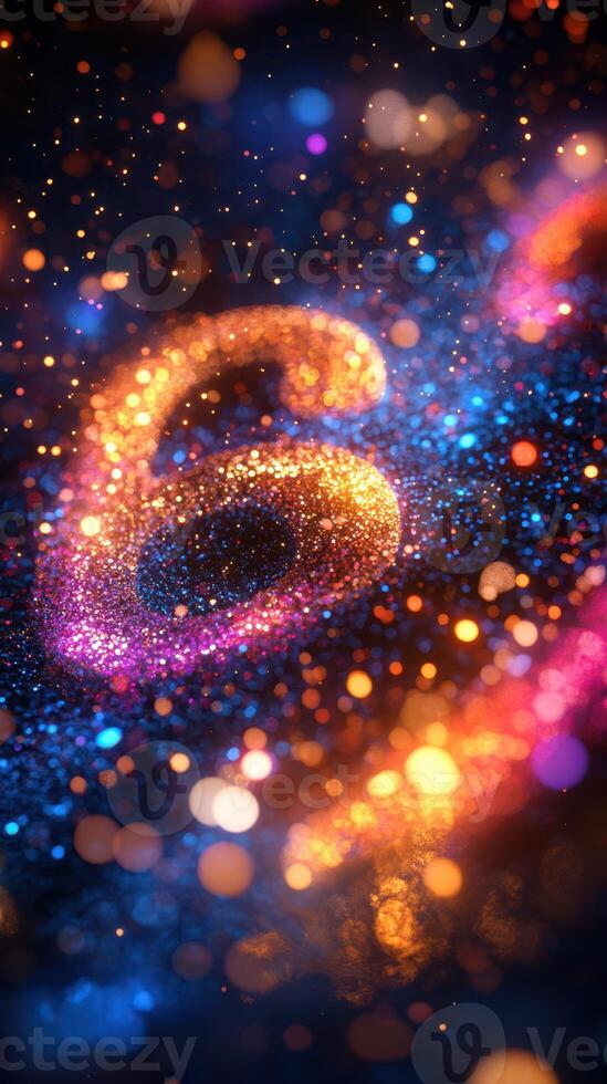 Vibrant glowing number six displayed in sparkling bokeh with colorful lights on a dark background photo