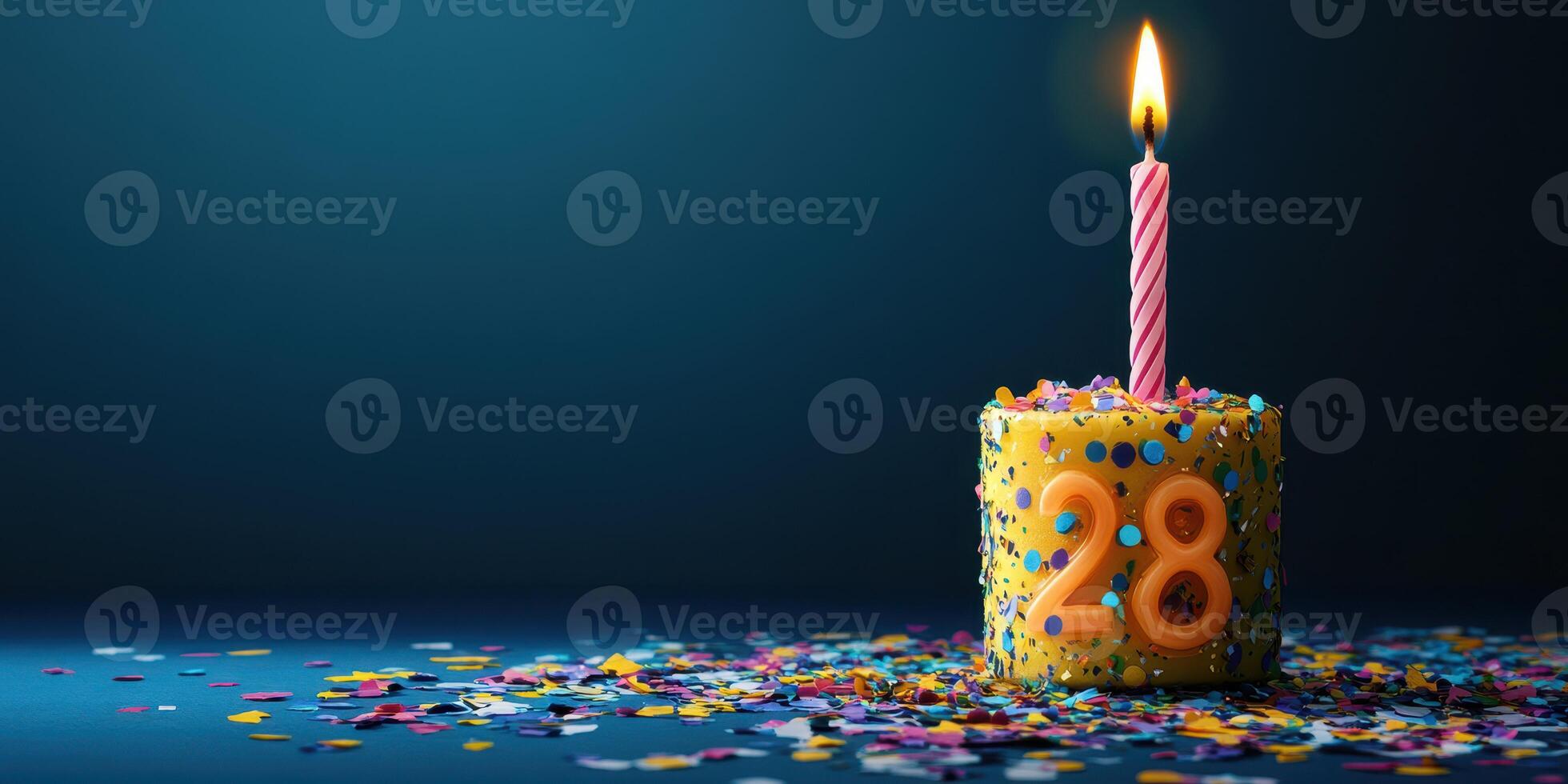 Colorful birthday cake with candle celebrating 28th birthday surrounded by confetti on a festive backdrop photo
