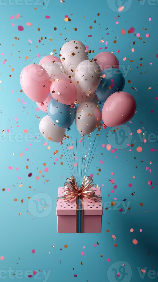 Colorful balloons and a gift box float against a blue background in a festive atmosphere photo