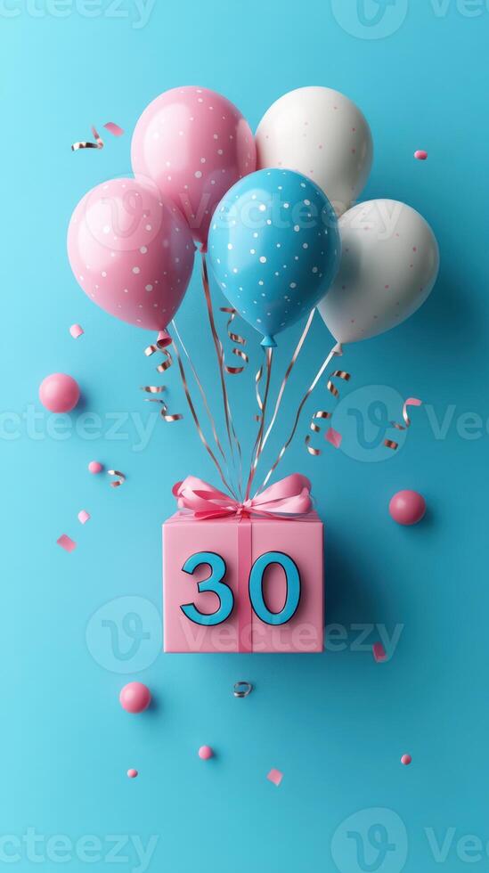 Celebration of a milestone birthday with colorful balloons and festive elements on a bright blue background photo