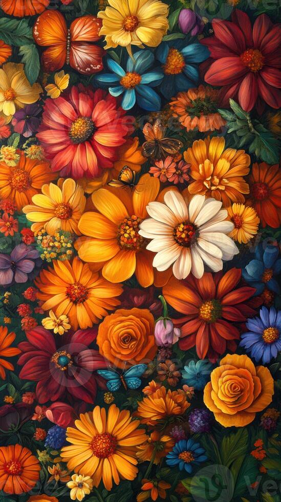Colorful array of vibrant flowers in a garden setting during sunny spring day in full bloom photo