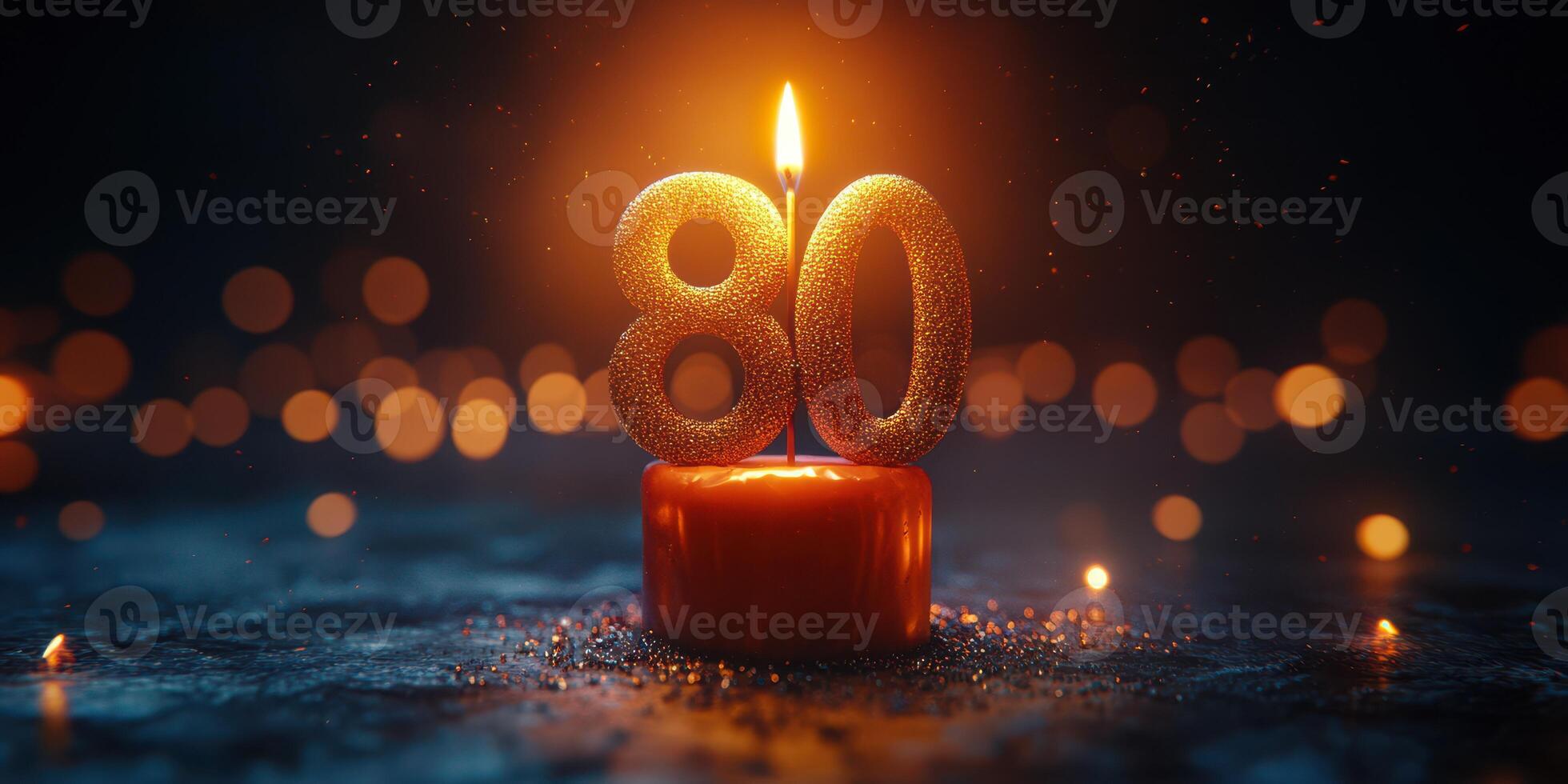 Celebrating an 80th birthday with a glowing candle and shimmering numbers at a festive gathering photo